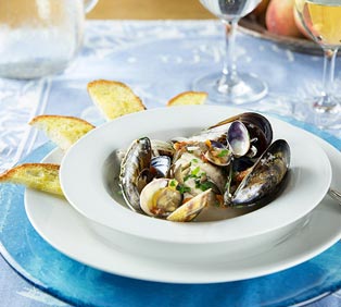 Branzino, Clams and Shellfish in White Wine